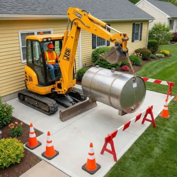 Professional crew removing an above ground oil storage tank from a residential property