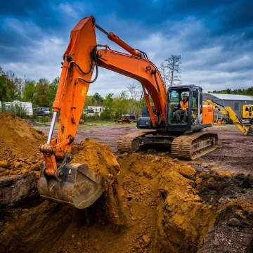 Construction excavator working on foundation dig in Plymouth, WI