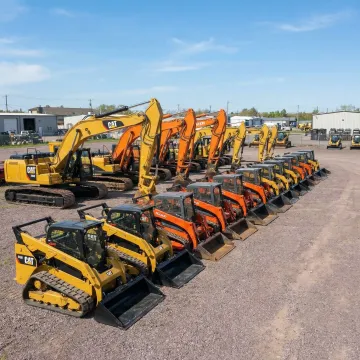 Heavy construction equipment including excavators and skid steers at Rossini Equipment Corp yard in South Fallsburg, Sullivan County