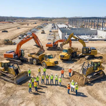 Commercial site work team operating excavation equipment on active construction project
