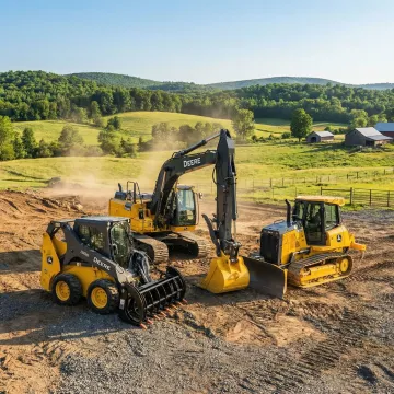 Heavy construction equipment including excavators and skid steers at Woodbourne job site