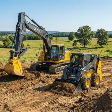 Heavy construction equipment including excavator and skid steer at Hurleyville NY job site
