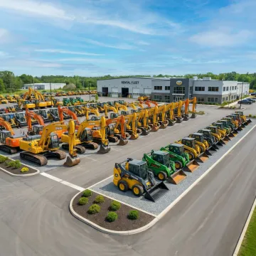 Modern excavator and skid steer equipment ready for rental at Rossini Equipment Corp yard