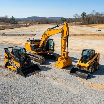 Heavy construction equipment including excavators and skid steers at a job site in Mamakating NY