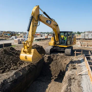 Excavator performing foundation excavation work at construction site