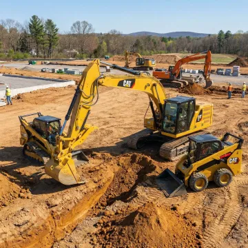 Modern excavator and skid steer equipment ready for rental at jobsite
