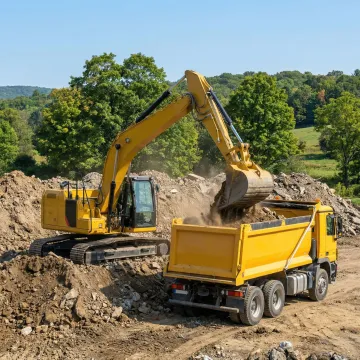 Heavy equipment hauling dirt and excavation debris from construction site