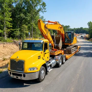 Well-maintained excavator being delivered to construction site
