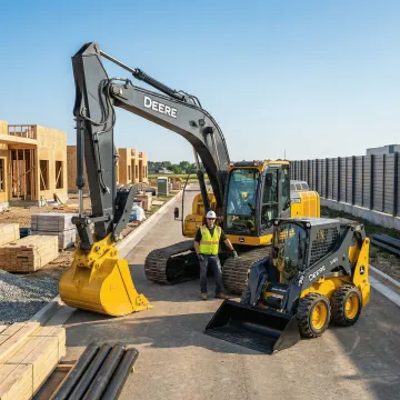 Heavy excavator and skid steer equipment on a construction site ready for rental