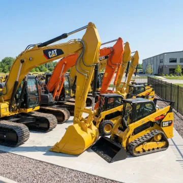 Fleet of heavy construction equipment including excavators and loaders at Rossini Equipment yard