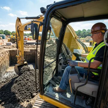 Construction excavator performing site work with operator
