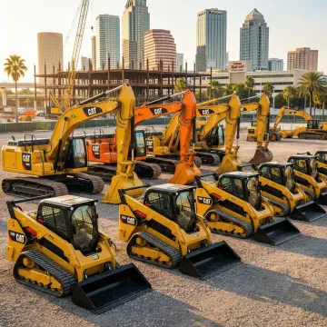 Heavy construction equipment including excavators and skid steers ready for rental in Tampa