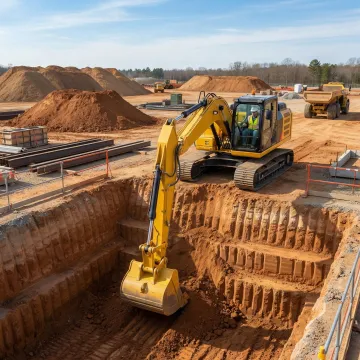 Well-maintained excavator performing precision digging work on a construction site