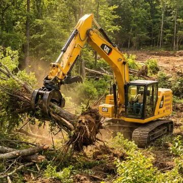 Professional excavator clearing wooded land for construction site preparation