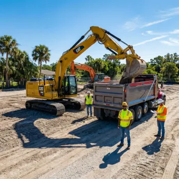 Excavation crew operating modern equipment for land grading in South Florida