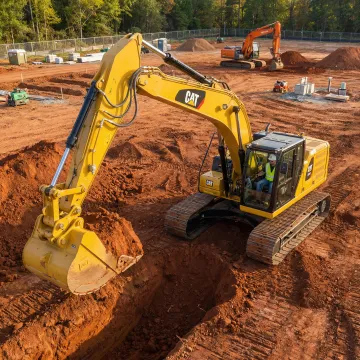Professional excavator performing foundation excavation work at construction site