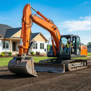 Excavator operator performing precise residential site grading work