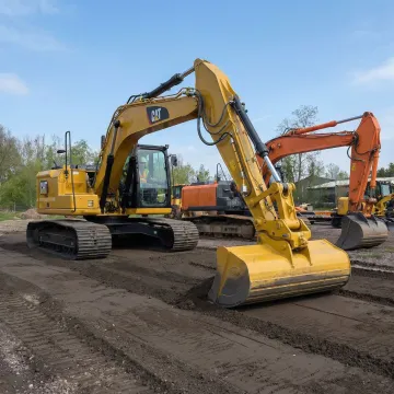 Professional excavator performing precision grading work on construction site