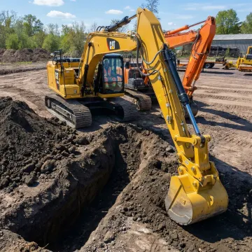 Heavy excavator performing foundation excavation on construction site