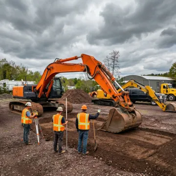 Construction crew operating excavator for site grading project