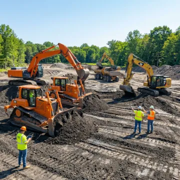 Excavation crew preparing commercial building site with heavy machinery