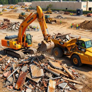 Heavy equipment loading construction debris into dump truck at active job site