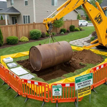 Professional excavation crew safely removing underground oil tank from residential property
