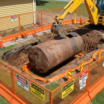 Professional excavator removing underground oil tank from residential property