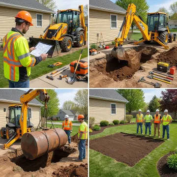 Step-by-step oil tank removal process showing excavation and extraction