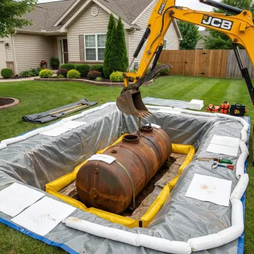 Excavator safely extracting underground oil tank from residential property