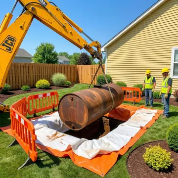Professional excavation crew safely removing underground residential oil tank