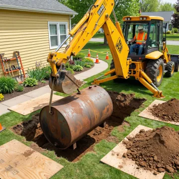 Professional excavator removing underground residential oil tank from backyard in Pomona, NY
