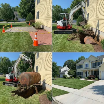 Step-by-step residential oil tank removal process showing excavation and extraction
