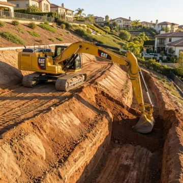 Heavy excavation equipment preparing foundation for retaining wall construction in Orange County