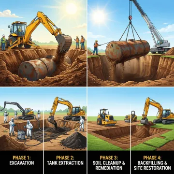 Step-by-step underground storage tank removal process from excavation to site restoration