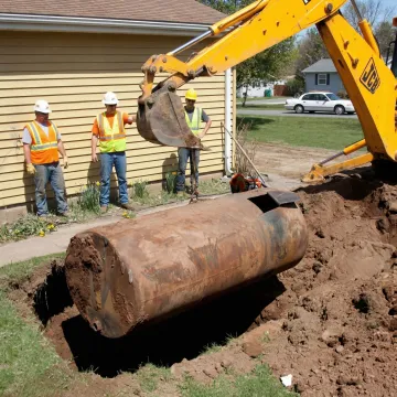 Underground storage tank being safely excavated and removed from commercial property