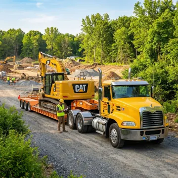 Well-maintained excavator being delivered to Thompson NY job site