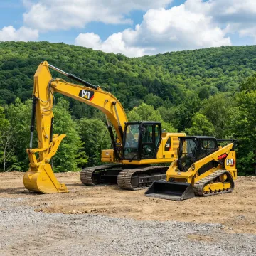 Heavy construction excavator and skid steer equipment ready for rental on Fallsburg NY construction site