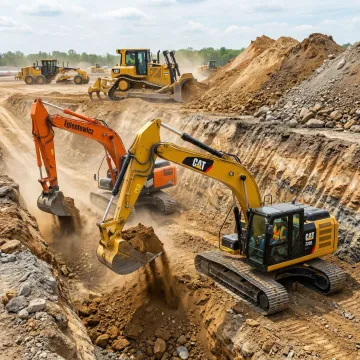 Commercial excavator preparing foundation site with grading equipment