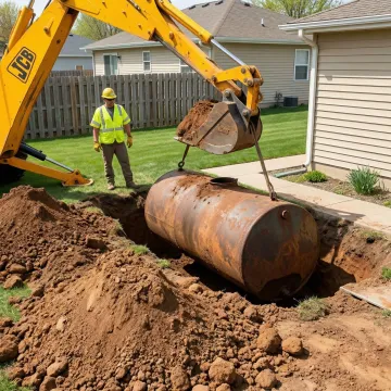 Professional excavator removing underground oil tank from residential property
