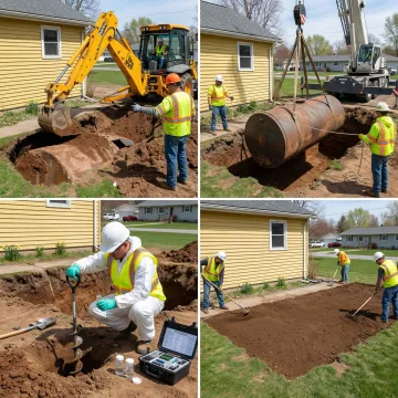 Step-by-step oil tank excavation and removal process at residential site