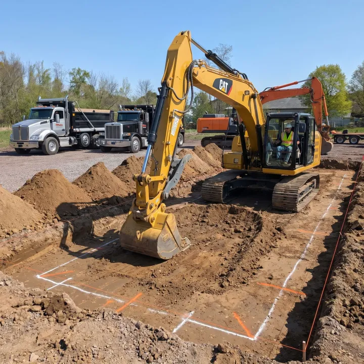 Excavator digging a residential foundation area
