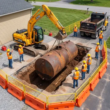 Industrial oil tank removal project with excavation equipment