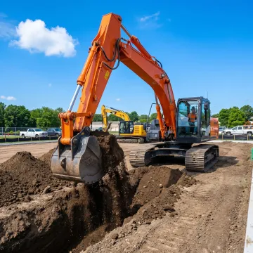 Excavator performing trenching work on a job site
