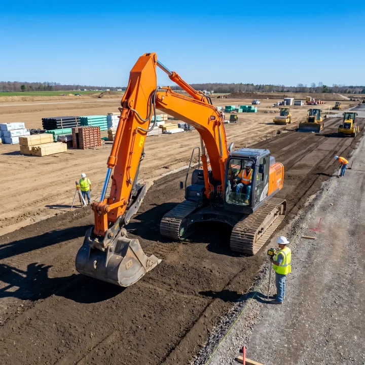 Excavation equipment preparing a commercial construction site