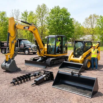 Heavy equipment rental fleet at a job site