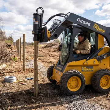 Operator preparing a skid steer post driver for fence installation