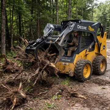 Operator clearing roots with a skid steer grapple