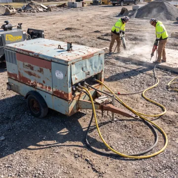 Diesel air compressor at an active jobsite