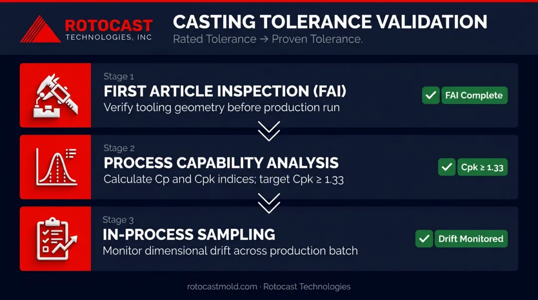 Three-stage aluminum casting tolerance validation process from FAI to in-process sampling